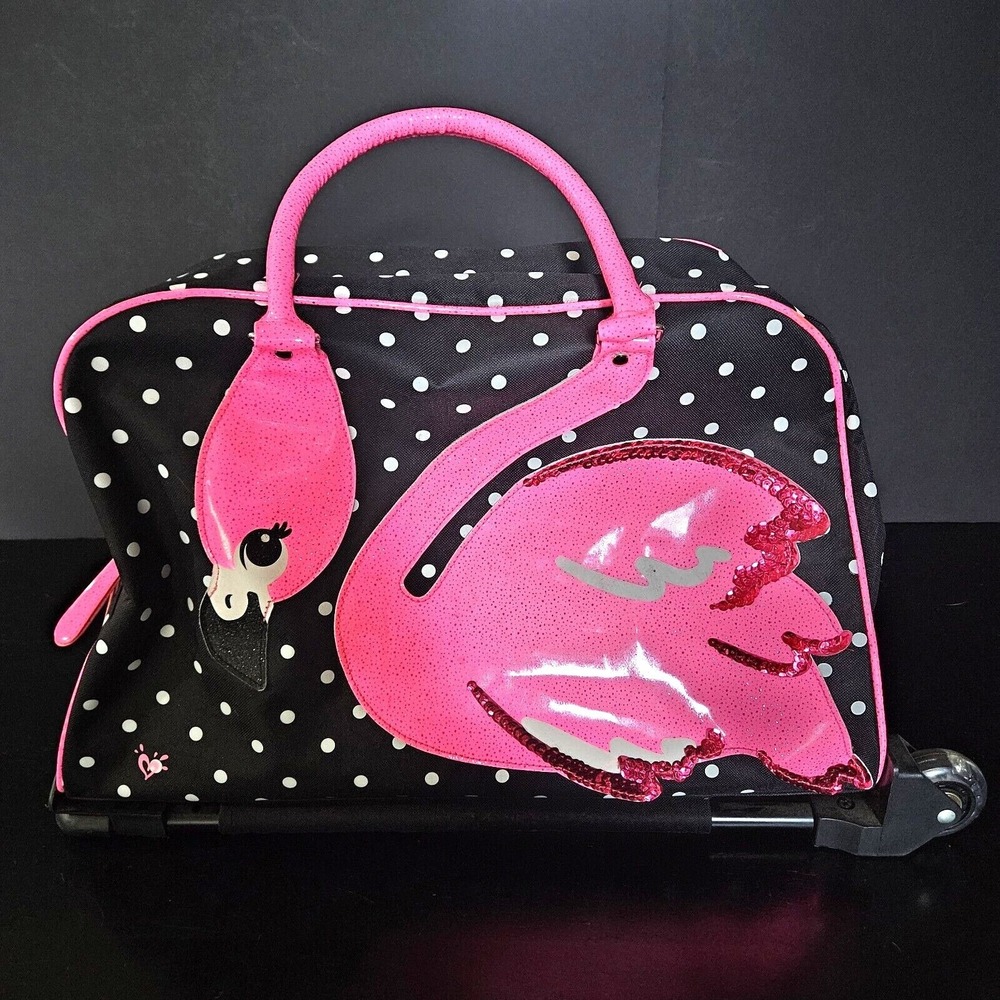 Black Pink Polka Dot Flamingo Sequin Rolling Duffle Bag Kids Travel Luggage